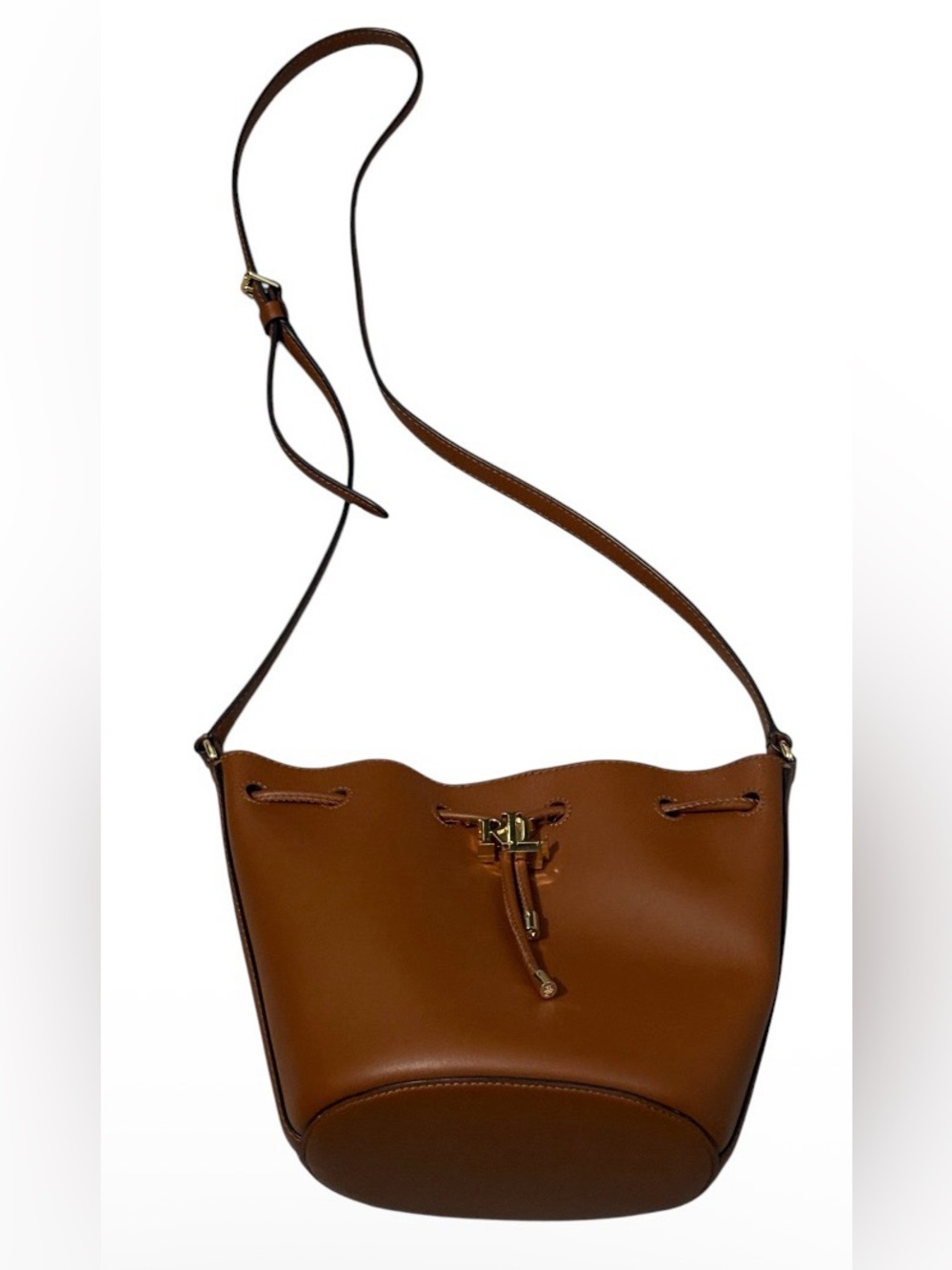 Lauren Ralph Lauren Brown Small Bucket Drawstring Magnetic Bag Gold Logo Strap